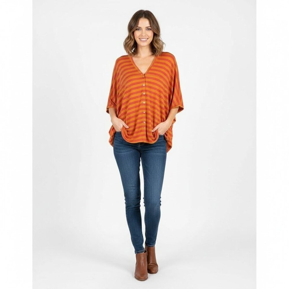 Nicole Miller Artelier Orange & Pink Striped Button-Front Poncho Top S
